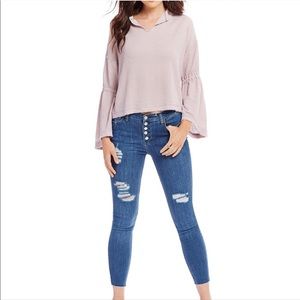 NWT FREE PEOPLE DAHLIA V-NECK LONG SLEEVE RIBBED TOP Coastal Cowgirl Cottagecore